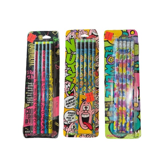 3 Vintage NOS Pentech Sizzlers 5 Pack Designer Pencils 90s Flowers Nutz Jammerz - Picture 1 of 7